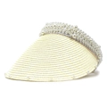 Detail of elegant straw sun hat with white pearl beads on headband and brim - M (56-58cm) / Cream