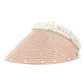 Detail van de gevlochten strostuctuur en elegante witte parels op de rand van de zonnehoed - M / Roze