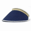Close-up of navy blue straw sun hat with elegant pearl trim and champagne gold ribbon - M (56-58cm) / Navy Blue