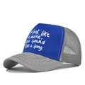 Blue and gray mesh trucker hat with movie quote print and breathable design - Adjustable / Light Gray/Blue