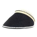 Women's black straw sun visor with pearl accents and wide brim for summer travel - M (56-58cm) / Black