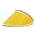 Close-up of vibrant yellow straw sun visor with elegant white pearl bead trim details - M (56-58cm) / Yellow
