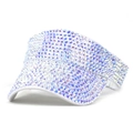 Detailed macro view of white sun visor hat with sparkling rainbow AB rhinestones - M (56-58cm) / White
