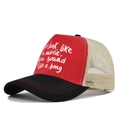 Red and black trucker hat with mesh back featuring movie lyric print for men and women - Adjustable / Black and Red