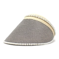 Detail of grey woven straw sun hat with pearl trim and breathable open top design - M (56-58cm) / Gray