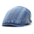 Detailed close-up of light blue washed denim beret cap with contrast yellow stitching - M(56-58cm) / Medium Blue