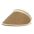 Detailed macro view of woven brown straw texture and elegant white pearl trim on sun hat - M (56-58cm) / Khaki