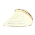 Detailed close-up of wide-brim straw sun hat with elegant pearl embellishments - M (56-58cm) / Cream