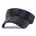 Close-up of black sun visor hat with sparkling rhinestones and curved brim for women - M (56-58cm) / Solid Black