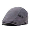 Detail view of the breathable mesh splicing and grey twill fabric on the men's flat cap - M(56-58cm) / Gray