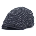 Gorra plana retro en tela tweed azul oscuro con seda plateada brillante y visera - M (56-58cm) / Negro