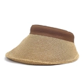 Detailed close-up of woven straw sun visor with dark brown grosgrain ribbon trim - M (56-58cm) / Brown