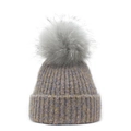 Detailed knit texture and fluffy raccoon fur pom-pom on purple-grey winter beanie - M (56-58cm) / Gray