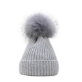Women's winter light gray knit beanie hat with large fluffy faux fur pompom decoration - M (56-58cm) / Light Gray