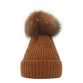 Detailed close-up of brown knit beanie showing soft fur pompom and ribbed texture - M (56-58cm) / Caramel color