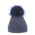 Close-up of mixed knit beanie with a large faux fur pompom and wide cuffed hem - M (56-58cm) / Navy Blue