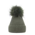 Women's warm winter knitted hat in dark green with a large pom-pom and ribbed cuff design - M (56-58cm) / Dark Green