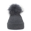 Detailed close-up of dark grey ribbed knit beanie with a fluffy faux fur pompom decoration - M / Dark Gray