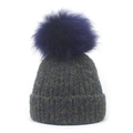 Detail of winter knit beanie showing mixed gray-blue texture and purple pompom - M (56-58cm) / Black