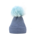 Detailed view of the dark blue ribbed knit winter hat with a fluffy light blue pom-pom - M (56-58cm) / Light Blue