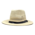 Detail van beige strooien hoed met ademend gaas en zwarte kunstleren riemafwerking - M (56-58cm) / Beige