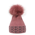 Berretto in maglia rosa cipria da donna con un grande pompon di pelliccia sintetica - M（56-58cm） / Rosa Antico