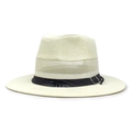 Detail van een strooien hoed met ademend mesh en decoratieve zwarte leren riem met gesp - M (56-58cm) / crème