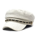 Elegant cream tweed baker boy hat featuring a gold chain detail and vintage metal buttons - M (56-58cm) / White