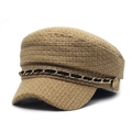 Chic camel tweed baker boy hat with gold chain accent and textured woven fabric - M (56-58cm) / Khaki