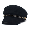 Chic black tweed newsboy hat with gold chain accent and metallic buttons for women - M (56-58cm) / Black