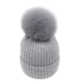 Winter thick cable knit beanie for women featuring a fluffy grey fox fur pom-pom - M / Light Gray