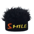 Black knit wig beanie with orange SMILE embroidery and long synthetic faux hair fur - Black Base With Black Hair
