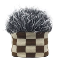 Checkerboard knit wig beanie with fuzzy faux fur top for unique winter warmth - One Size / Brown And Beige Checker With Gray Hair