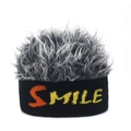 Close-up of black knit headband with orange SMILE letters and fluffy grey faux hair top - Black Base With Gray Hair