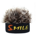 Macro detail of SMILE knit headband featuring mixed brown and grey curly synthetic hair - Black Base With Coffee Hair
