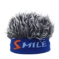 Detail of blue knitted headband with SMILE lettering and grey synthetic wig hair extension - Blue Base With Gray Hair
