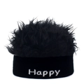 Berretto nero divertente con ricamo Happy e parrucca in finta pelliccia per feste - Taglia unica / Base Nera + Pelliccia Nera