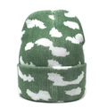 Berretto in maglia verde e bianco con motivo a nuvola e coste verticali da donna - M (56-58cm) / Verde