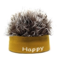 Fascia in maglia gialla con scritta Happy bianca e capelli grigi sintetici soffici - Taglia unica / Base Gialla + Pelliccia Caffè