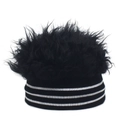 Black knitted beanie with white stripes and a fluffy faux fur pom-pom top for men - Striped With Black Hair