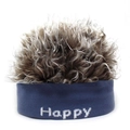 Dettaglio della fascia in maglia divertente con parrucca marrone e scritta Happy - Taglia unica / Base Blu + Pelliccia Caffè