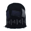Detail of vintage beanie with denim patches and distressed fringe edges on black knit - M (56-58cm) / Black