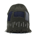 Distressed knit beanie in olive green with denim patches and raw frayed edges - M (56-58cm) / Green