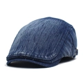 Vintage washed denim beret cap for men and women featuring adjustable metal side buckles - M (56-58cm) / Dark Blue