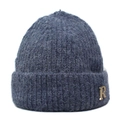 Detailed texture of gray knitted beanie featuring a golden metal letter R emblem - M (56-58cm) / Navy Blue
