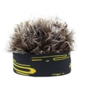 Détail d'un bandeau perruque créatif avec rayures jaunes et faux cheveux bouclés marron - Gris + Fausse Fourrure Café