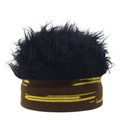 Détail du bonnet en tricot créatif avec cheveux synthétiques noirs et rayures jaunes - Café + Fausse Fourrure Noire