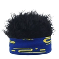 Détail d'un bandeau en tricot bleu avec perruque noire pour costumes de fête - Bleu + Fausse Fourrure Noire