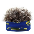 Détail du bandeau tricoté bleu avec perruque grise et motifs abstraits jaunes vifs - Bleu + Fausse Fourrure Café