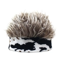 Detail of creative wig beanie featuring brown synthetic hair and cow pattern knit brim - Coffee Wig Cow Print